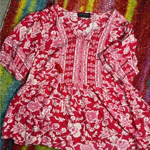 Lane Bryant Women’s Plus Size 16 Red Floral Print Boho Peasant Top w/ Tassel Tie